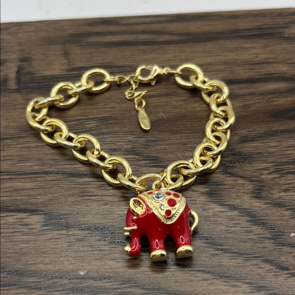 Red Elephant and Rhinestones Charm 18 K GP Bracelet Chain Link Bracelet